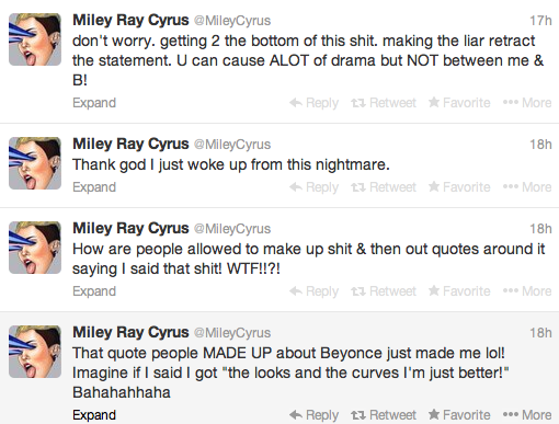 Miley-Cyrus-Denies-Dissing-Beyonce-Tweets-The Jasmine Brand