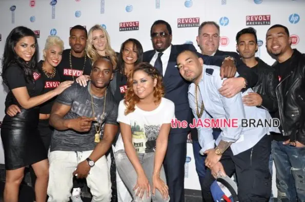 (Front) The Breakfast Club - Charlamagne Tha God, Angela Yee, DJ Envy_ (Rear) Sharon Carpenter, Sibley, DJ Damage, Paige Miller, Val Boreland, Diddy, Andy Schuon, Amrit Singh, Lawrence Jackson