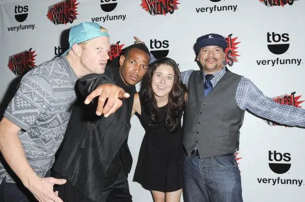 Marlon with Funniest Wins contestants Matt McManus, Manon Matthews and Key Lewis