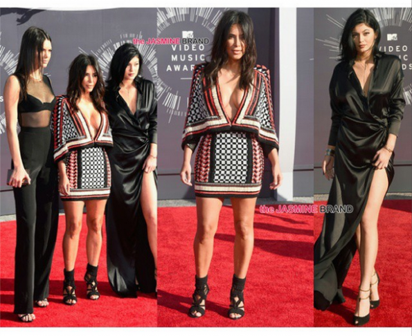 KendallJenner, #KimKardashian (wearing #Balmain), #KylieJenner (Alexandre Vauthier dress and Gucci heels)