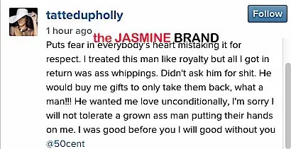 holly tweets-domestic violence 50 cent-the jasmine brand
