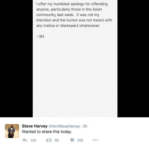 Steve Harvey: Sorry for making jokes about Asian men. Steve Harvey: Sorry for making jokes about Asian men.