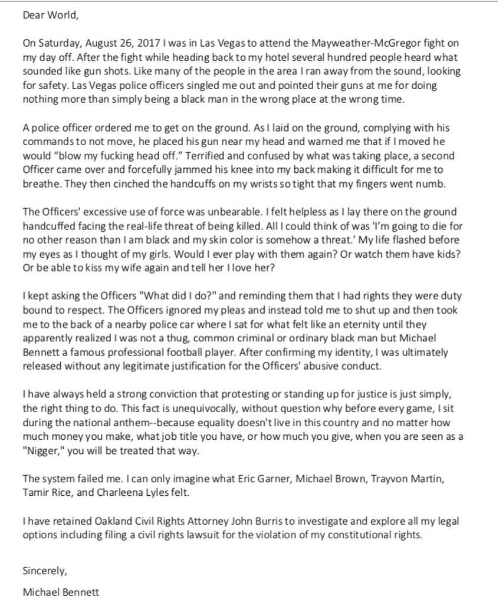 NFL'er Michael Bennett: Cops drew guns on me for 'being a black man in the wrong place at the wrong time' NFL'er Michael Bennett: Cops drew guns on me for 'being a black man in the wrong place at the wrong time'