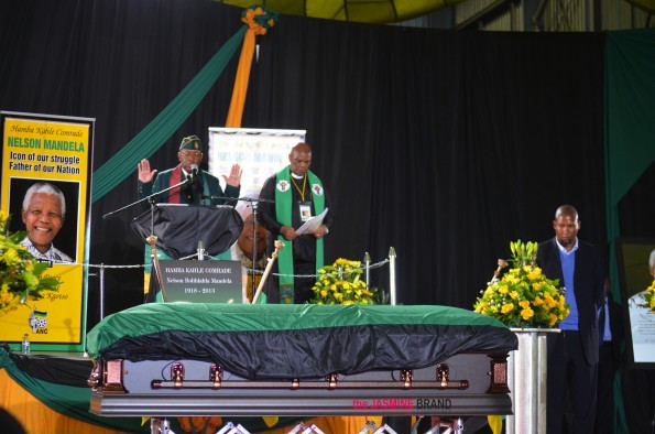 Casket containing the body of Nelson Mandela draped in Mandela's lifetime political party African National Congress' (ANC) flag at Waterkloof Air Force Base