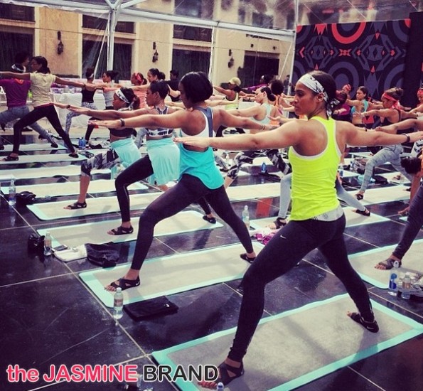 group yoga-kelly rowland-skylar diggins-essence red carpet-move more-world fit for kids 2014-the jasmine brand