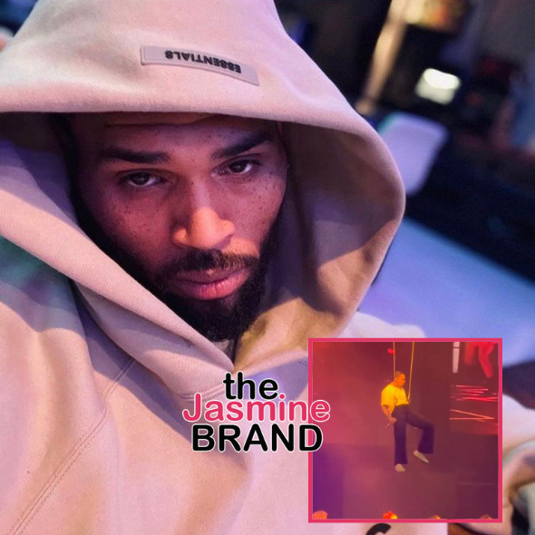 Chris Brown Appears Upset After Technical Glitch Leaves Him Hanging From Rope During Concert
