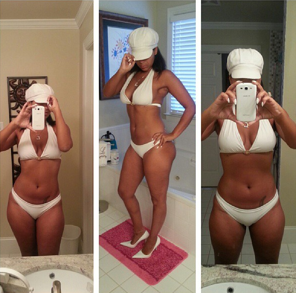 shows off her bikini body with a bathroom selfie,clad in her signature colo...