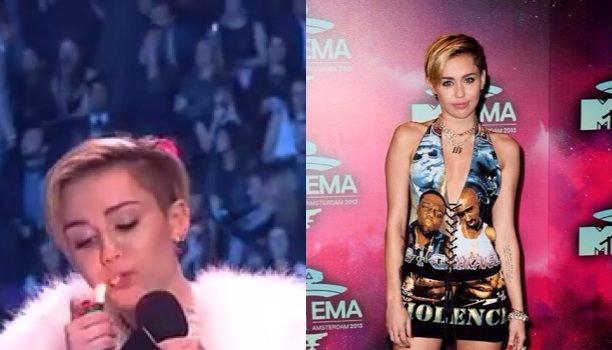Miley Cyrus Rocks Biggie Tupac Dress, Smokes A Joint On Stage At ‘MTV Europe Music Awards’