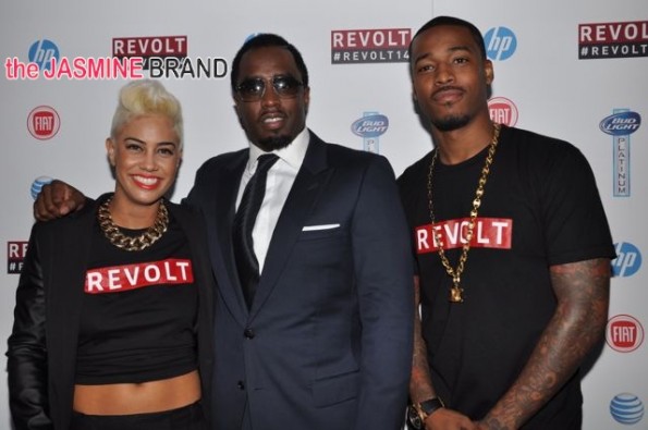 Chairman Combs with REVOLT hosts, Sibley (L) and DJ Damage (R)