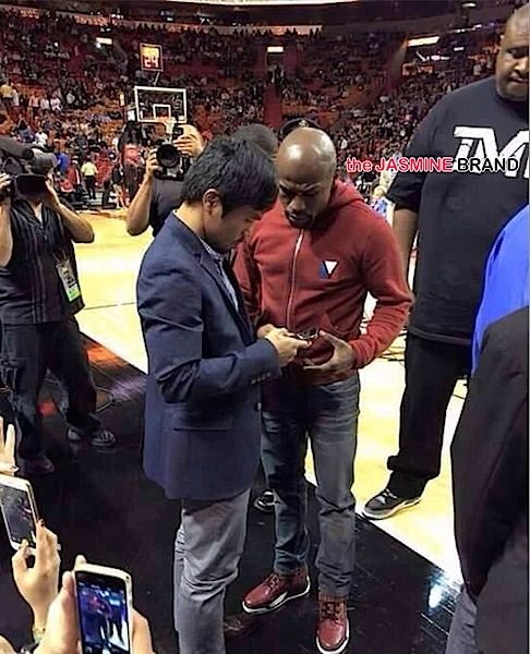 Mayweather & Pacquaio Play Nice, Exchange Numbers At Miami Heat Game [Photos]
