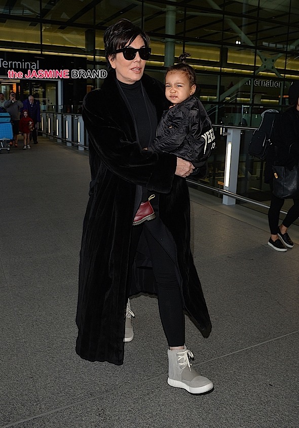 Kris Jenner and North West arriving at Heathrow airport.