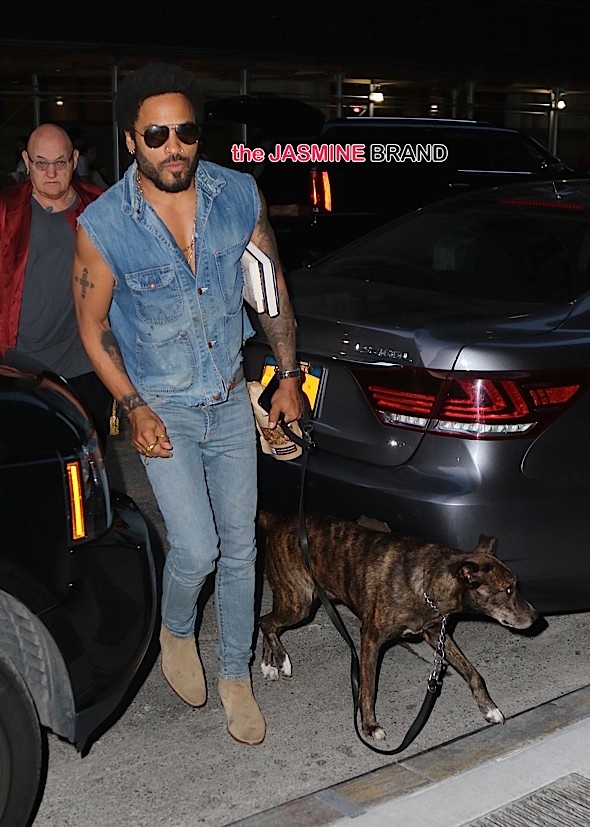 Lenny Kravitz takes his Brindle dog named Leroy for a walk this afternoon in NYC