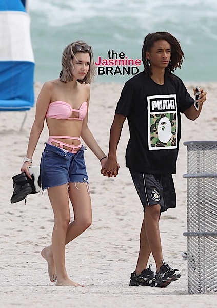 Jaden Smith stroll around Miami Beach with girlfriend Sarah Snyder in tow.