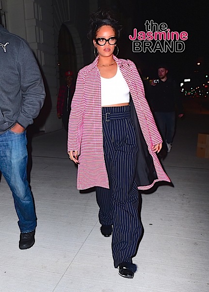 Rihanna Dines at Nobu in NYC Wearing a Red Checkered Statement Coat