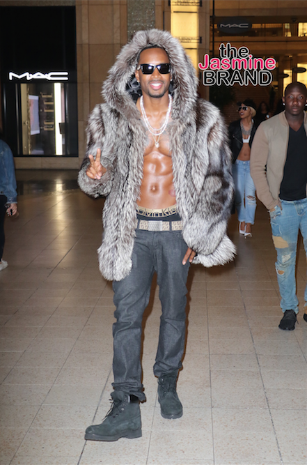 Safaree Samuels, Nicki Minaj's ex-boyfriend arrives to Blac Chyna's Chymoji launch at the Hard Rock Cafe in Hollywood, CA wearing a fur coat and no shirt.