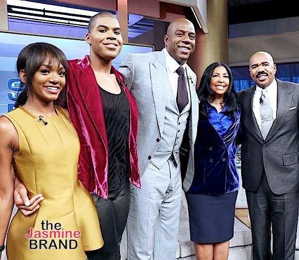 Magic & Cookie with their family on the Steve Harvey Show.