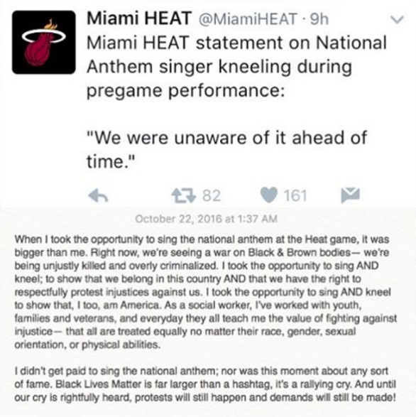 Singer Wears 'Black Lives Matter' Shirt, Kneels During National Anthem At Miami Heat Game