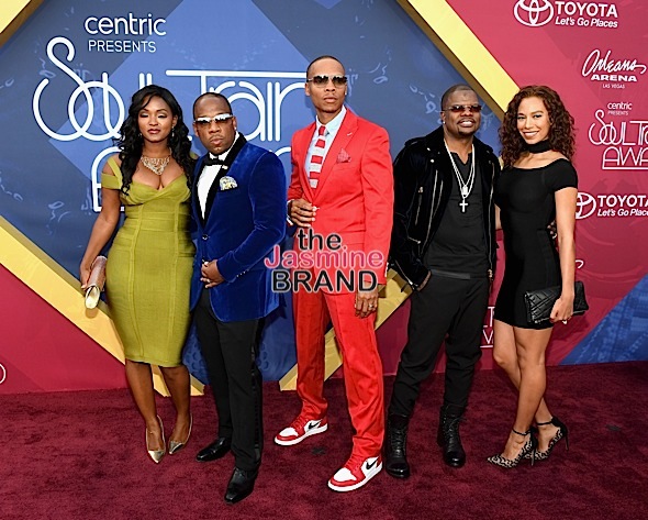 LAS VEGAS, NV - NOVEMBER 06: (L-R) Teasha Bivins, recording artists Michael Bivins, Ronnie DeVoe and Ricky Bell of Bell Biv DeVoe and New Edition and actress Amy Correa attends the 2016 Soul Train Music Awards at the Orleans Arena on November 6, 2016 in Las Vegas, Nevada. (Photo by Ethan Miller/Getty Images)