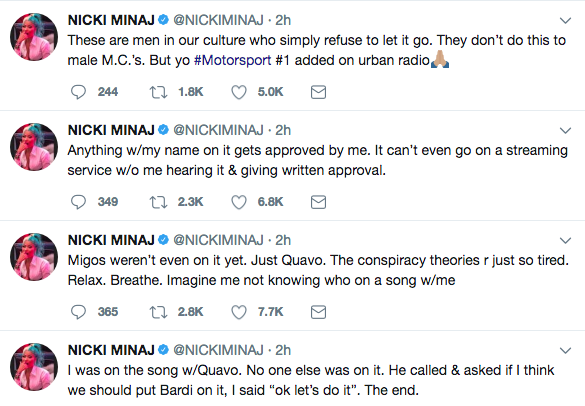 Nicki Minaj Denies Tension w/ Cardi B Over Migos Track: They don't do this to male M.C.'s