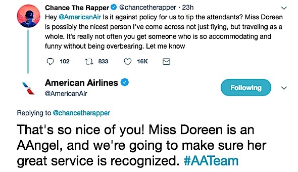 Chance The Rapper Wants To Tip American Airlines Flight Attendant