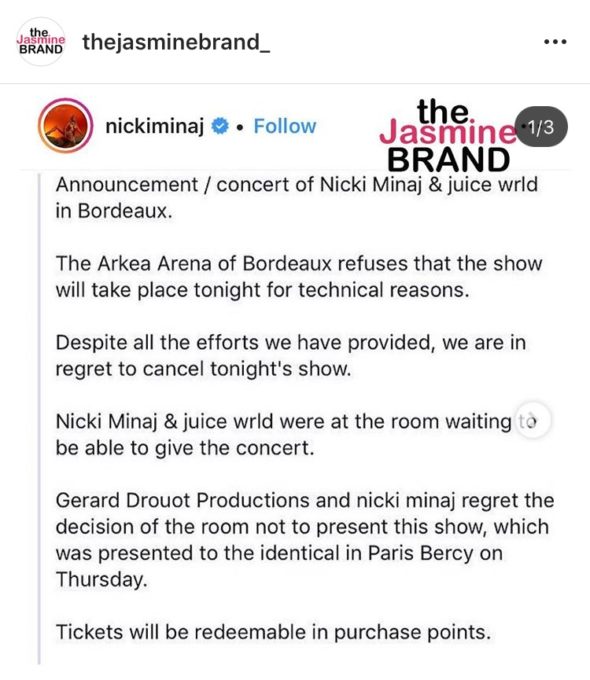 Nicki Minaj Cancels Another Show On Her World Tour - theJasmineBRAND