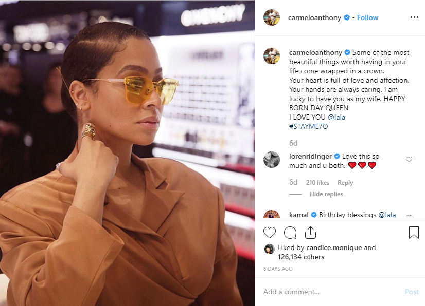 LaLa Anthony Says Husband Carmelo Anthony Sent Her "Nice Gifts" For Her