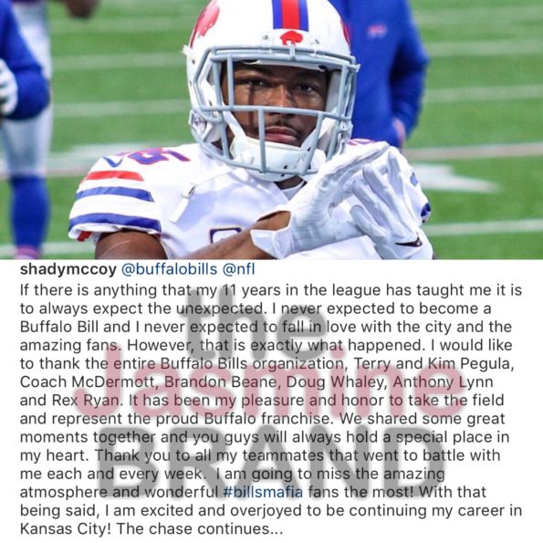 LeSean McCoy thanks Bills Mafia and city of Buffalo on Instagram