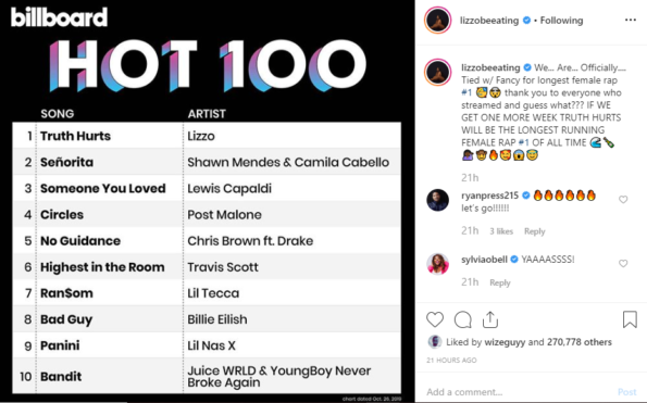 Lizzo's 'Truth Hurts' Is Tied As The Second-Longest-Running No. 1