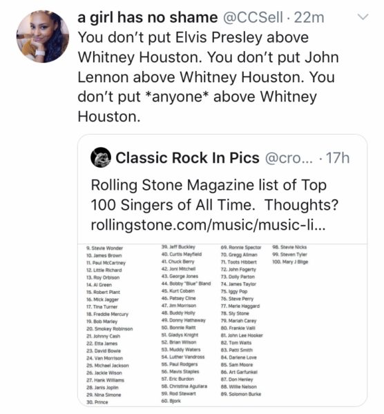 Rolling Stone Faces Backlash Over Decade Old Top 100 Singers Of All Time List Fans Demand Whitney Houston Be Placed Higher Thejasminebrand