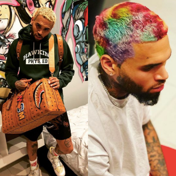 Chris Brown Debuts Rainbow-Colored Hairstyle, Channeling Willy Wonka & Jurassic Park