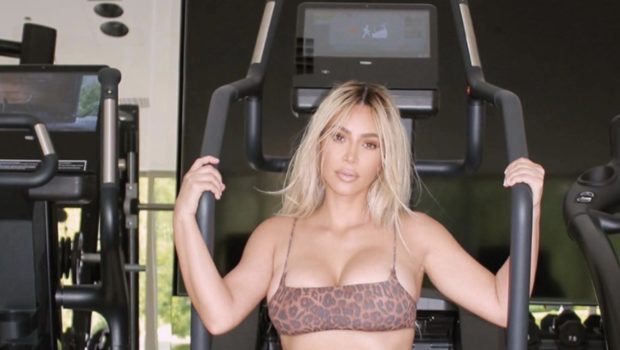 Kim Kardashian Wears A Two-Piece Cheetah Print Bikini For “Quarantine Workout”