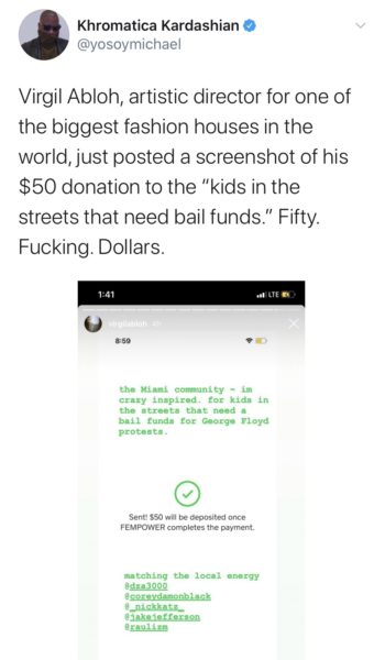 Louis Vuitton creative director Virgil Abloh donates just $50 to bail fund  for arrested protesters, indy100