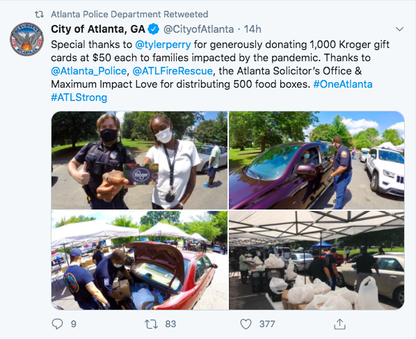 tyler perry donates 1 000 kroger gift cards for atlanta police to hand out in community this is about trying to bridge unity thejasminebrand thejasminebrand