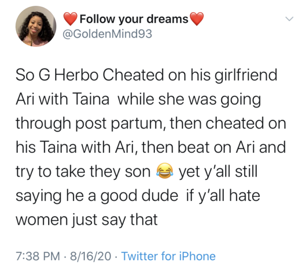 Ari Fletcher Addresses G Herbo's Confession That He Cheated During Their  Relationship w/ His Current Girlfriend Taina Williams: At This Point, I  Don't Really Care - theJasmineBRAND