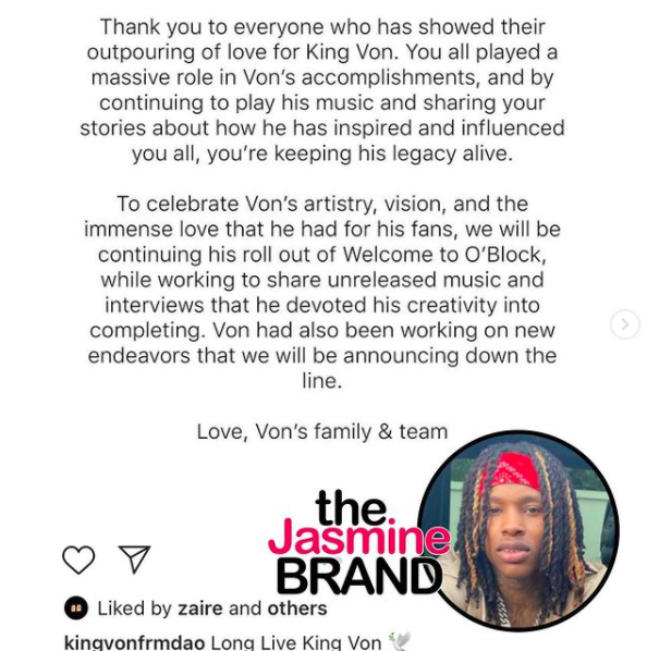 Rapper King Von's Family Issues Statement About His Death - theJasmineBRAND