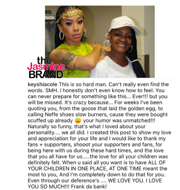 Keyshia Cole breaks silence on mom Frankie Lons' death