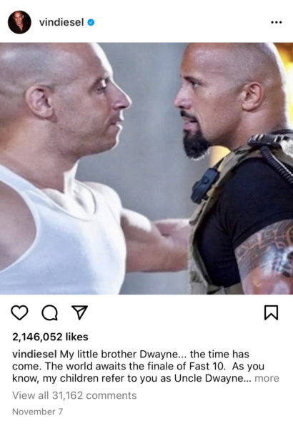 KREA - Vin Diesel raising an eyebrow, just like the Rock did