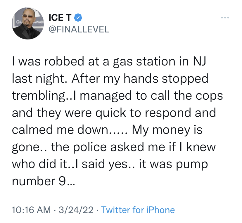 Ice T Jokingly Says He Was 'Robbed' At A New Jersey Gas Station In The