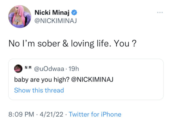 Nicki Minaj 'Ayık' ve 'Hayatı Seviyor' Olduğunu Paylaştı