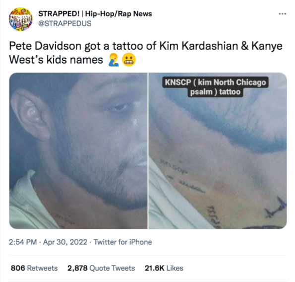 Pete Davidson Seems to Have Tattoo Initials of Ye and Kims Kids  XXL