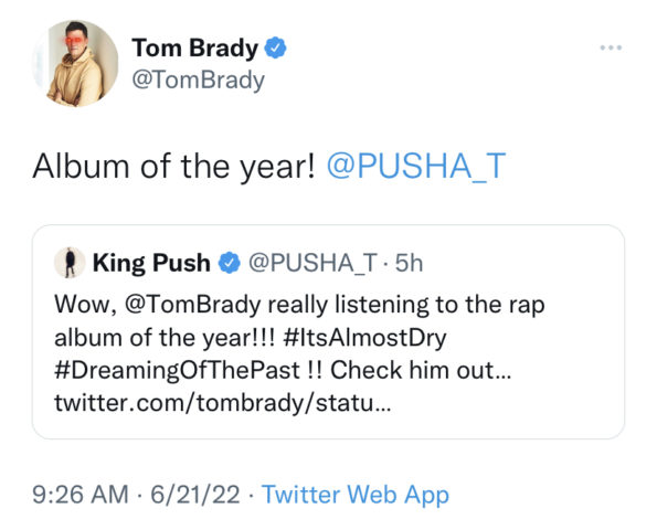 NFL'den Tom Brady, Pusha T'nin "Neredeyse Kuru" Albümünün Yılın Albümü Olduğunu Söylüyor