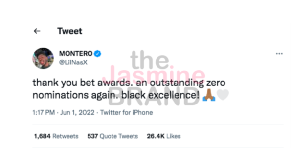 BET, 2022 BET Ödülüne Aday Olmadığı İçin Rapçi'nin Diss Şarkısına Yanıt Verirken "Lil Nas X'i Seviyoruz" Diyor