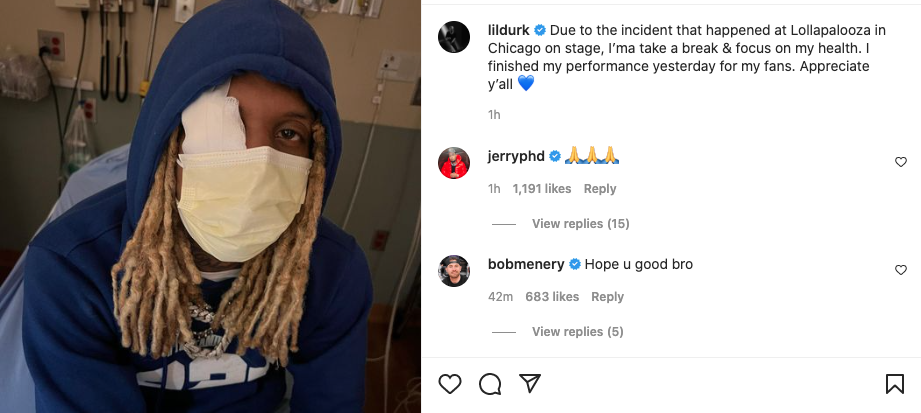 Lil Durk, Lollapalooza'daki Sahnede Patlamanın Göz Yaralanmasına Neden Olduktan Sonra Mola Verdiğini Söyledi