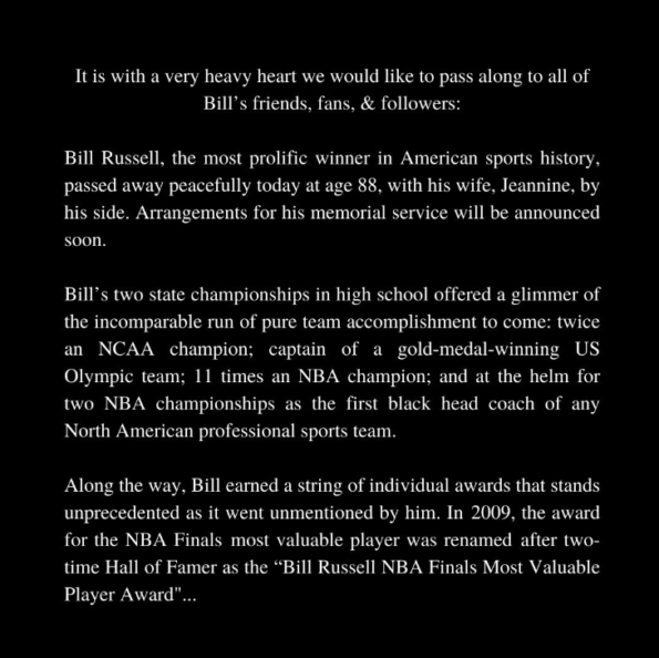 NBA Efsanesi Bill Russell 88 Yaşında Vefat Etti [Condolences]