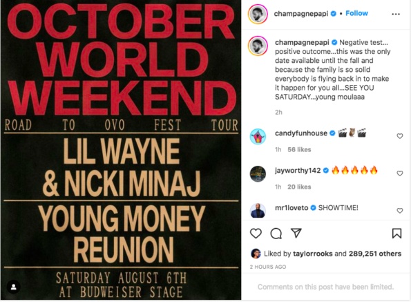 Güncelleme: Drake, COVID Testinin Negatif Olduğunu Söyledi ve Yakın Zamanda Ertelenen 'Young Money Reunion' Konseri W/ Lil Wayne & Nicki Minaj İçin Yeni Tarihi Paylaştı