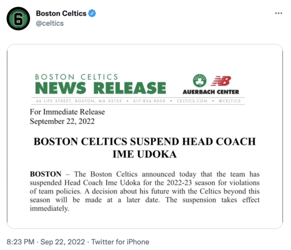 Boston Celtics - Ime Udoka suspension