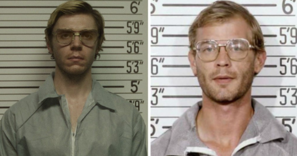 Evan Peters (left) & the real Jeffrey Dahmer (right)