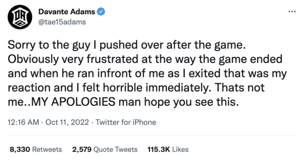 theScore - Davante Adams tweeted out an apology for pushing a game-day  staffer to the ground on his way to the locker room last night. 