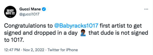 Gucci Mane Drops Baby Racks From 1017 Records One Day After Signing The  Rapper - theJasmineBRAND