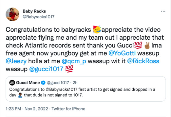 Gucci Mane Drops Baby Racks From 1017 Records One Day After Signing The  Rapper - theJasmineBRAND